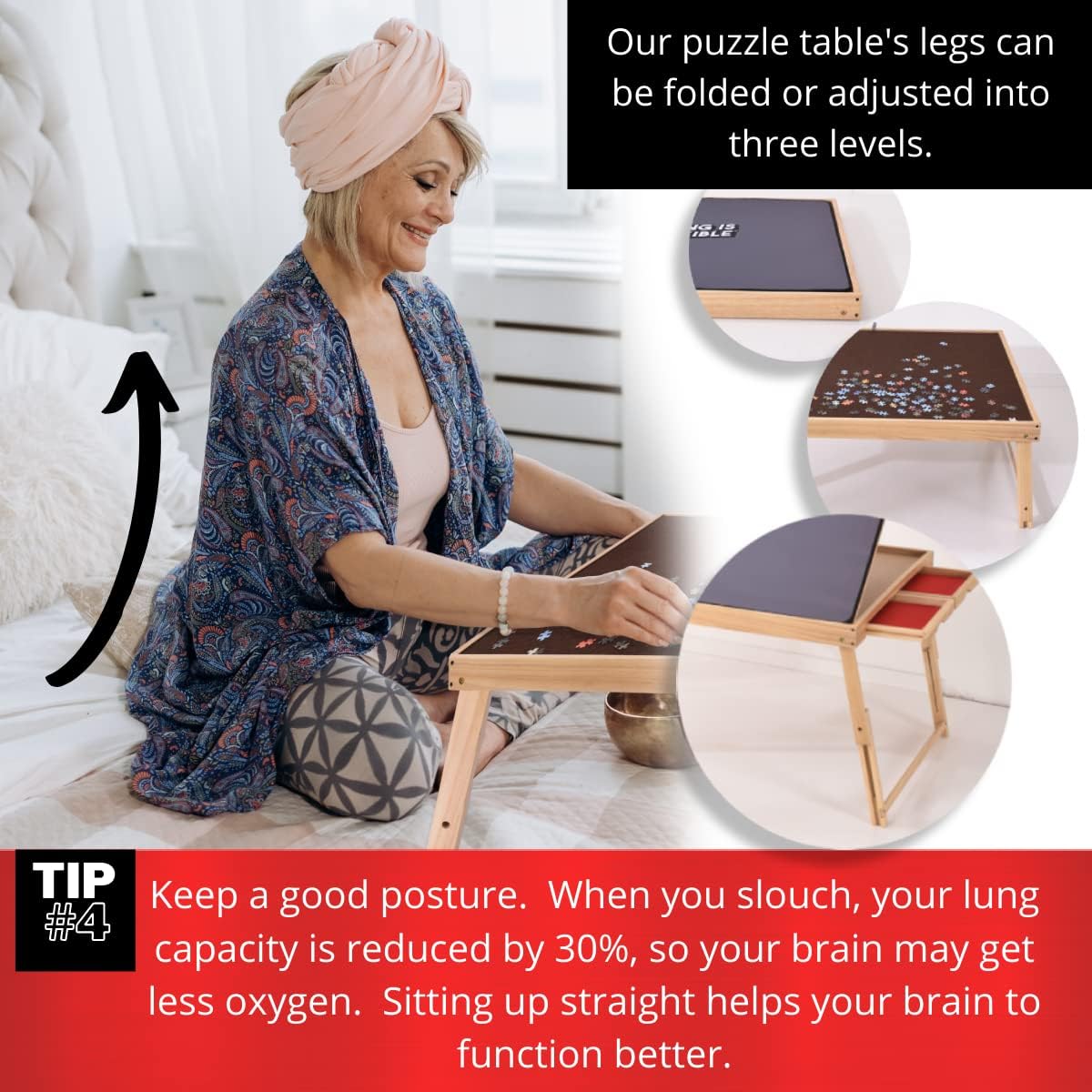 Large Wooden Puzzle Table Fits 1500 Pieces, Portable Jigsaw Puzzle Board with Four Non Slip Drawers, Adjustable and Foldable Legs, Protective Rubber Mat Cover – by AGREATLIFE - Image 6