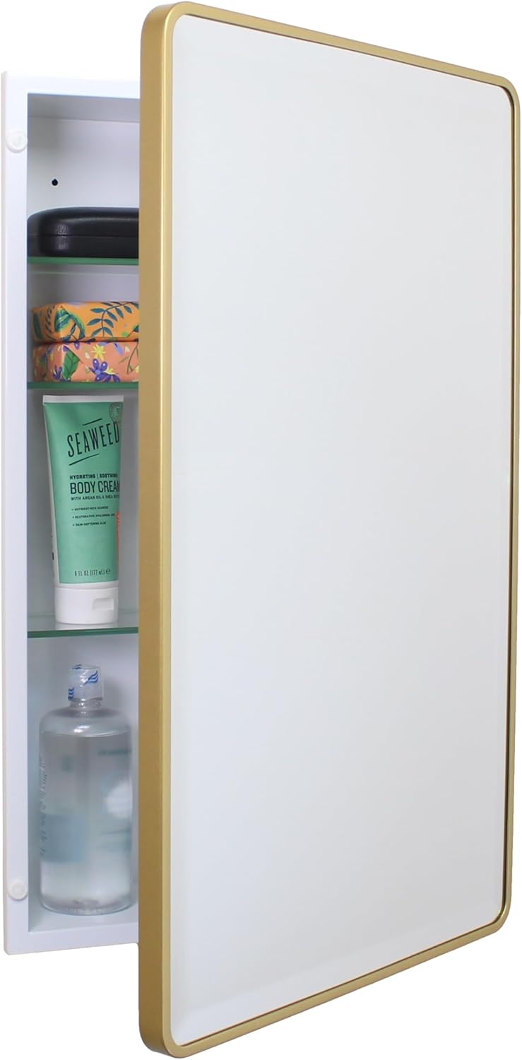 16×20 Austin Farmhouse Metal Framed Rounded Rectangle Recessed Bathroom Medicine Cabinet, Beveled Mirror, 14×18 in-Wall Opening, powder-coated Steel, Glass Shelves, Magnet Close, Brushed Nickel - Image 15