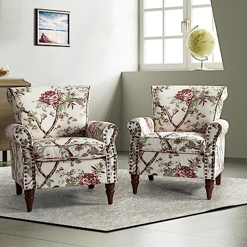 HULALA HOME Modern Wingback Accent Chair with Wood Legs & Removable Cushion, Comfy Upholstered Armchair with Nailhead Trim, Floral Pattern Single Sofa Chair for Living Room Bedroom, Blue - Image 57