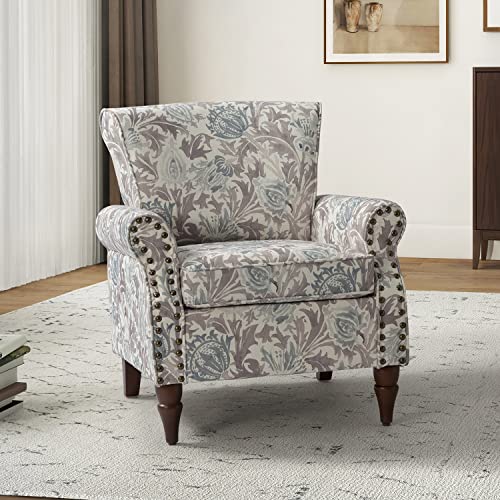 HULALA HOME Modern Wingback Accent Chair with Wood Legs & Removable Cushion, Comfy Upholstered Armchair with Nailhead Trim, Floral Pattern Single Sofa Chair for Living Room Bedroom, Blue - Image 14
