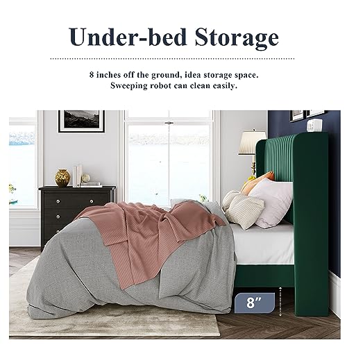Allewie Queen Size Velvet Bed Frame/Vertical Channel Tufted Wingback Headboard/Upholstered Platform Bed/Strong Wooden Slats/No Box Spring Needed/Easy Assembly/Black - Image 8