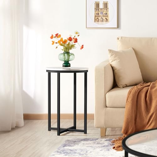 Yaheetech Faux Marble Side Table, 16in End Table Modern Accent Sofa Table w/X-Based, Round Tabletop, Sturdy Metal Legs for Living Room, Black - Image 22